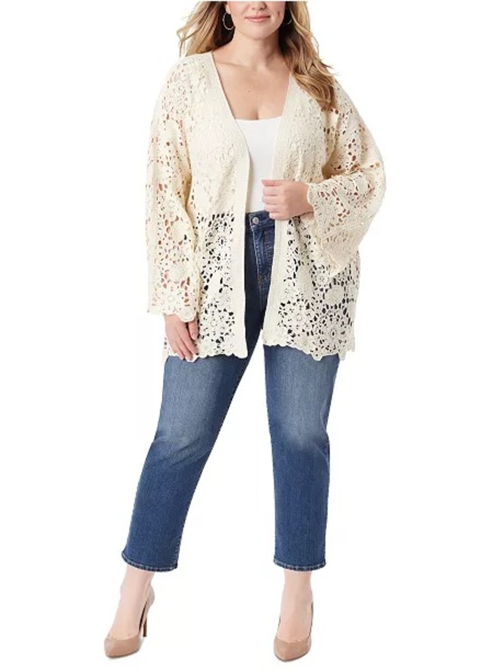 Jessica Simpson | Open Knit Cardigan Women’s Parchment Crochet Cable Boho L/XL
